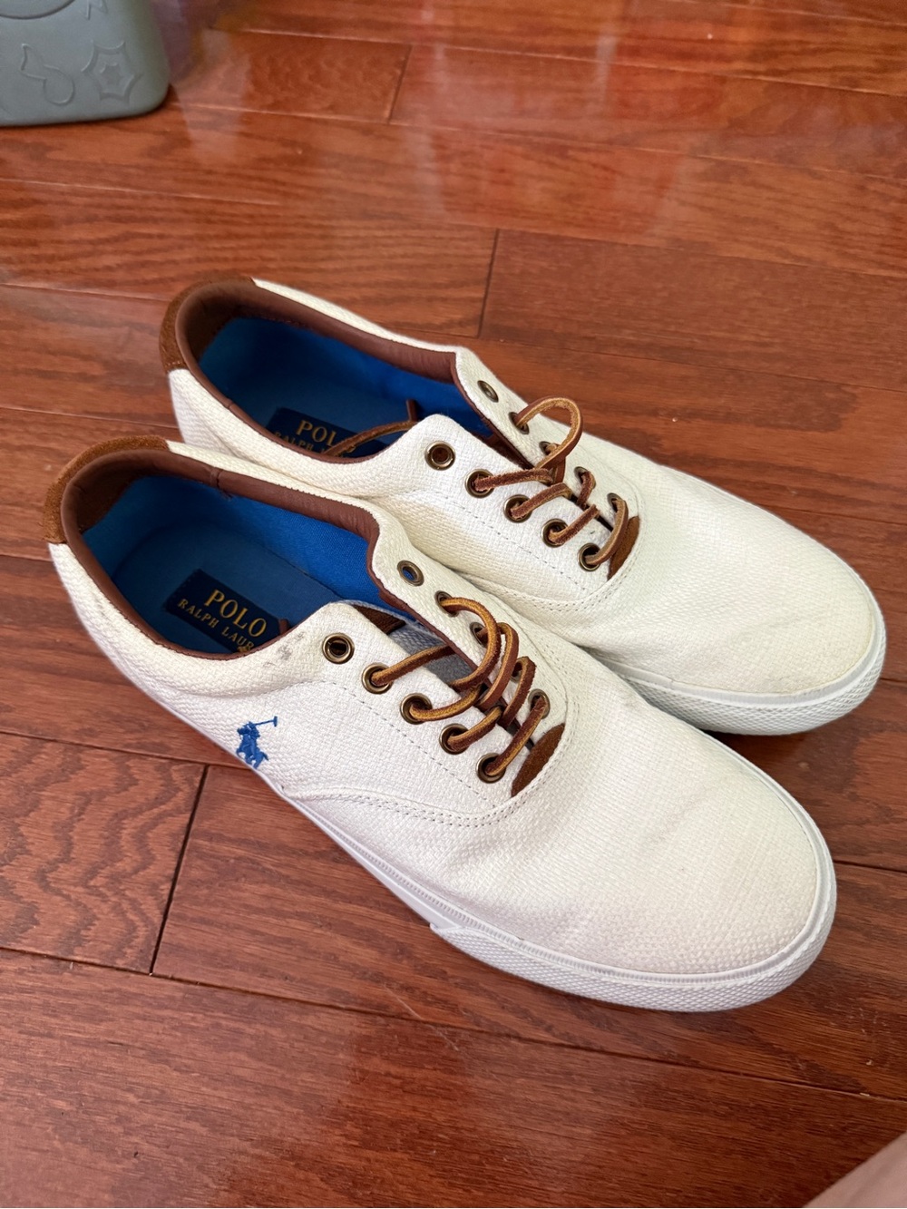 Polo by Ralph Lauren White Canvas Sneakers with Brown Trim and Blue Logo